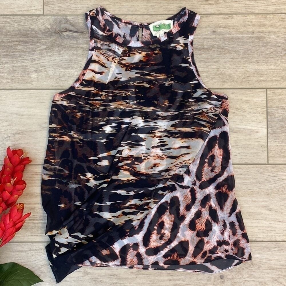 Nicole Miller Artelier Chiffon Draped Leopard Print Blouse Tank‎ Top Artsy PS